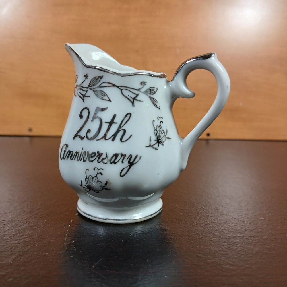 Vintage 25th Anniversary Creamer Pitcher Porcelain Silver White Floral Vine - Picture 3 of 8